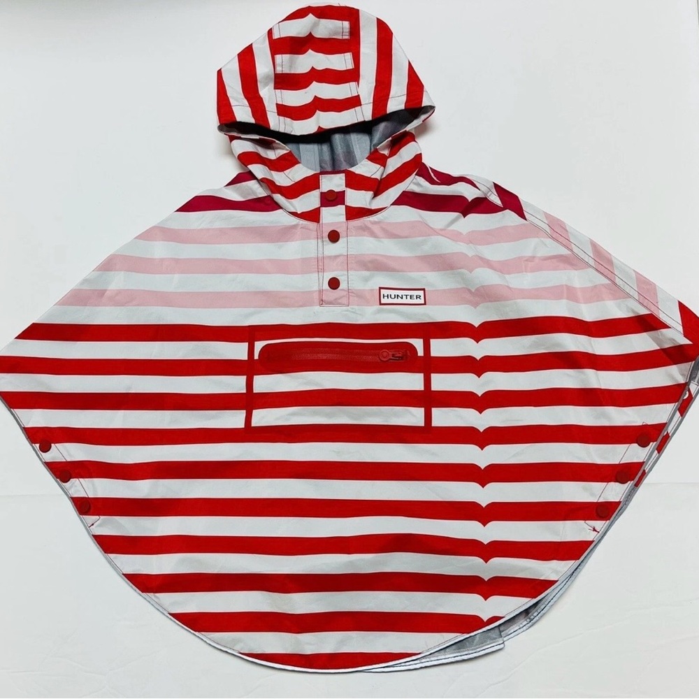 Hunter Red and White Striped Hooded Rain Poncho